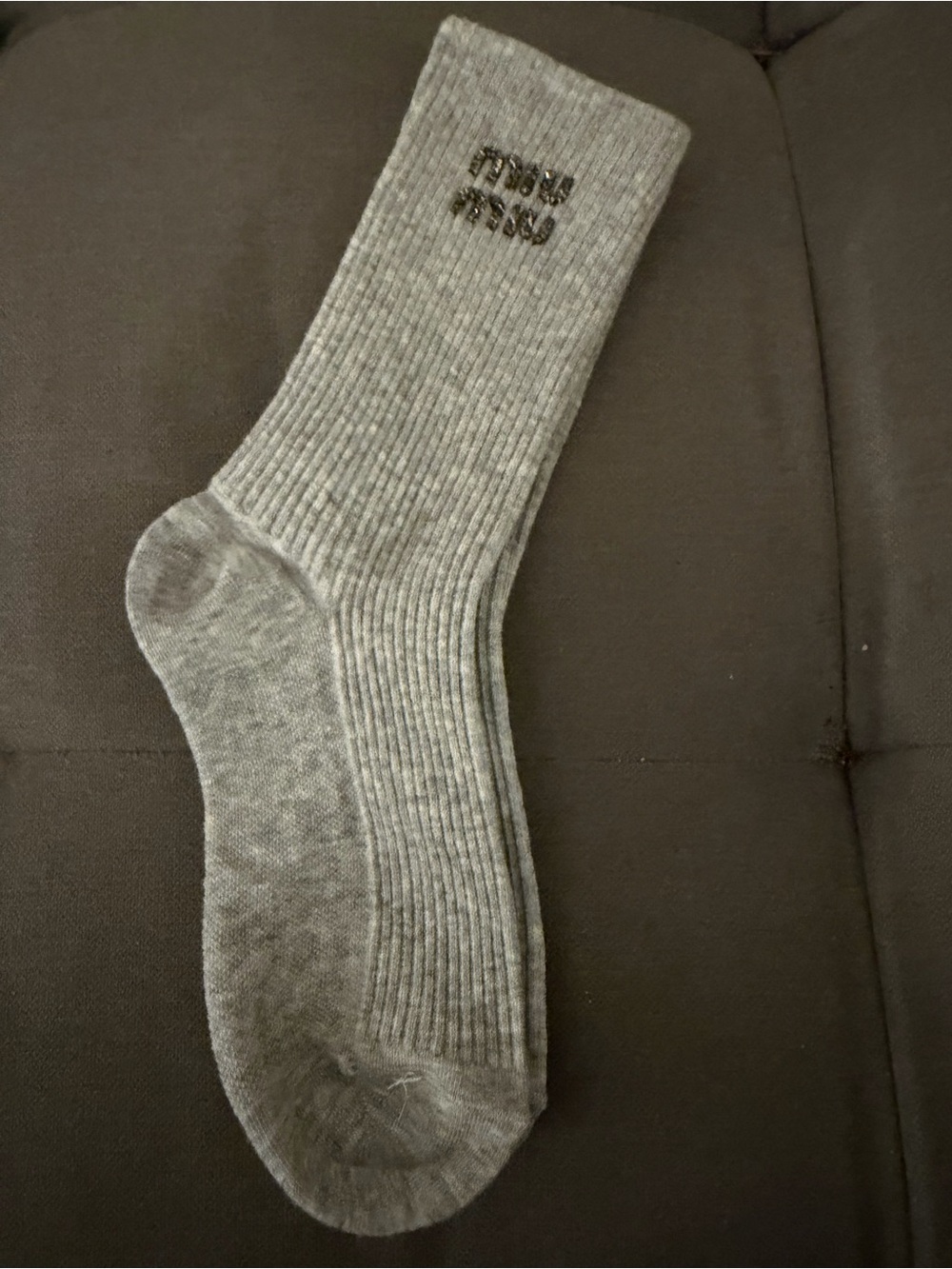 Miu Miu Ribbed Crew Sock - Light Gray with Subtle Logo